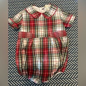 EUC - The Beaufort Bonnet Company Plaid Baby Romper with Red Trim (worn once)